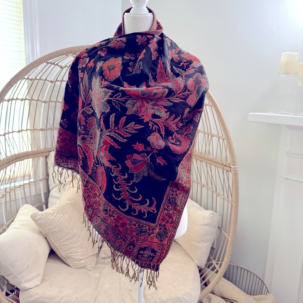 Vintage Floral Tapestry Shawl Fringe Wrap Boho Scarf 78 x 26 Dark Romantic